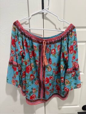 Umgee Turquoise Off-Shoulder Floral Blouse with Coral Tassel
